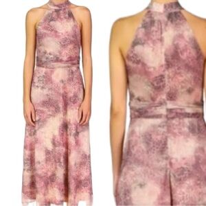 Monique Lhuillier Plissé Halter Midi Cocktail Dress in Azalea